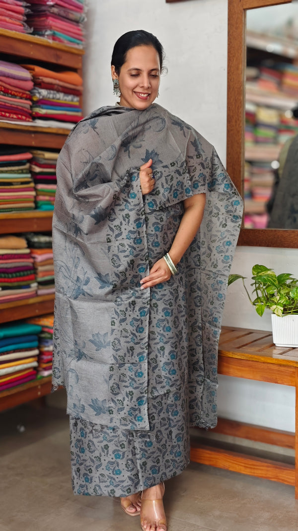 Bluish Grey Floral Printed Noel Tussar Suit - AS56 - 1