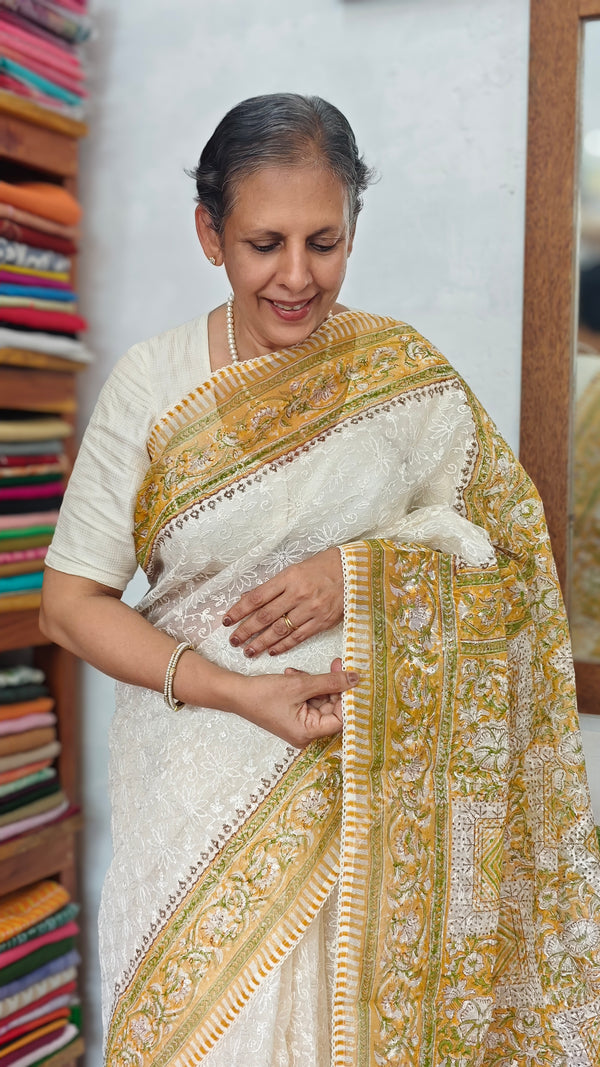 Cream and Mustard Block Printed Tepchi Kota Saree - B62N
