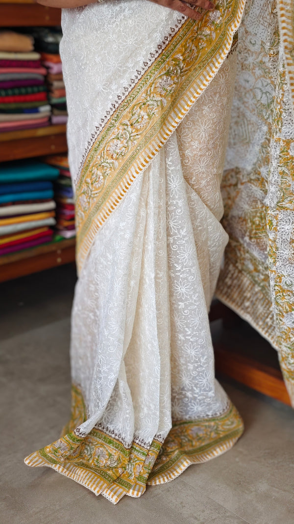 Cream and Mustard Block Printed Tepchi Kota Saree - B62N