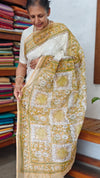 Cream and Mustard Block Printed Tepchi Kota Saree - B62N