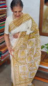Cream and Mustard Block Printed Tepchi Kota Saree - B62N
