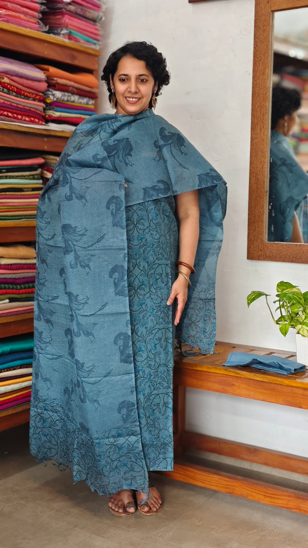 Blue Floral Printed Noel Tussar Suit - AS56