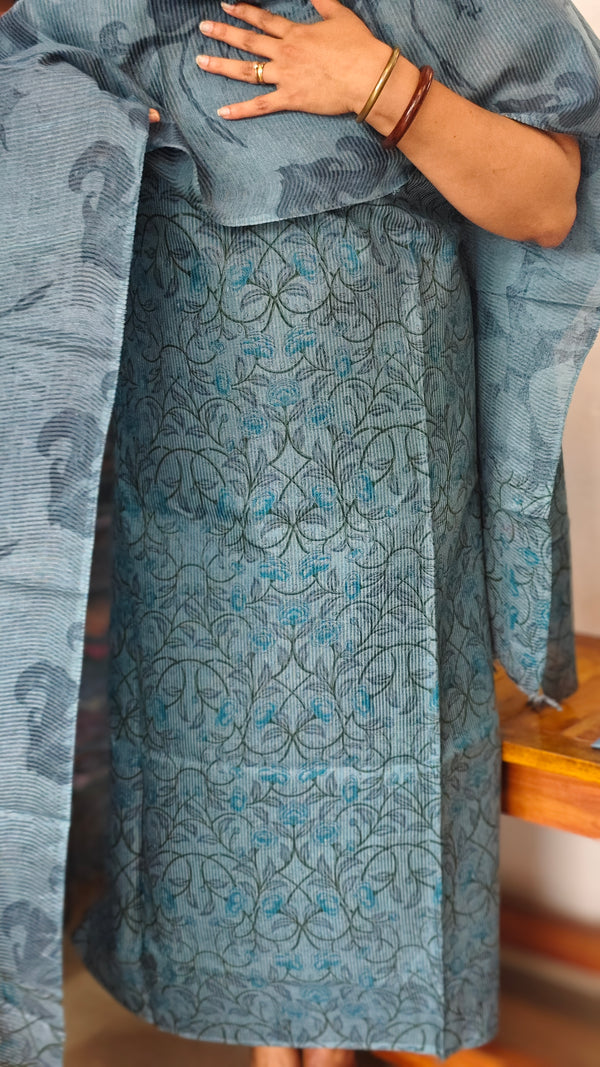 Blue Floral Printed Noel Tussar Suit - AS56