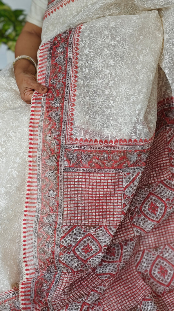 Cream and Peach Block Printed Tepchi Kota Saree - B62N