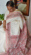 Cream and Peach Block Printed Tepchi Kota Saree - B62N