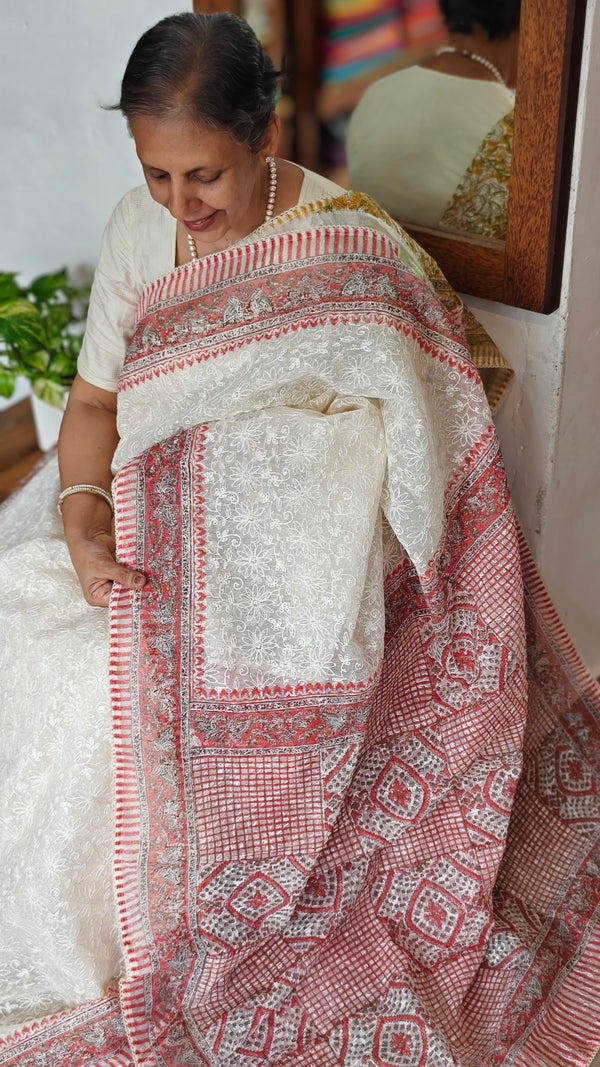 Cream and Peach Block Printed Tepchi Kota Saree - B62N