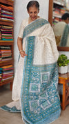 Cream and Blue Block Printed Tepchi Kota Saree - B62N - 2