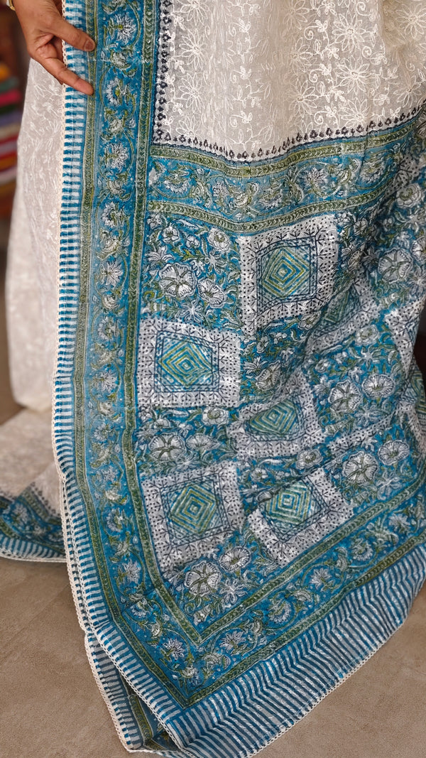Cream and Blue Block Printed Tepchi Kota Saree - B62N - 2