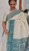 Cream and Blue Block Printed Tepchi Kota Saree - B62N - 2