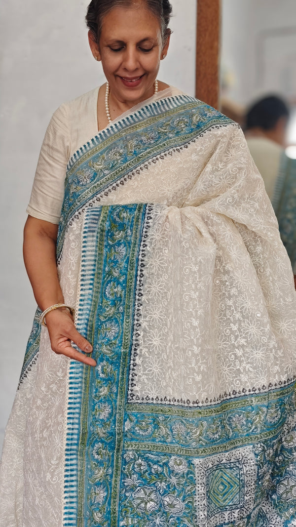 Cream and Blue Block Printed Tepchi Kota Saree - B62N - 2