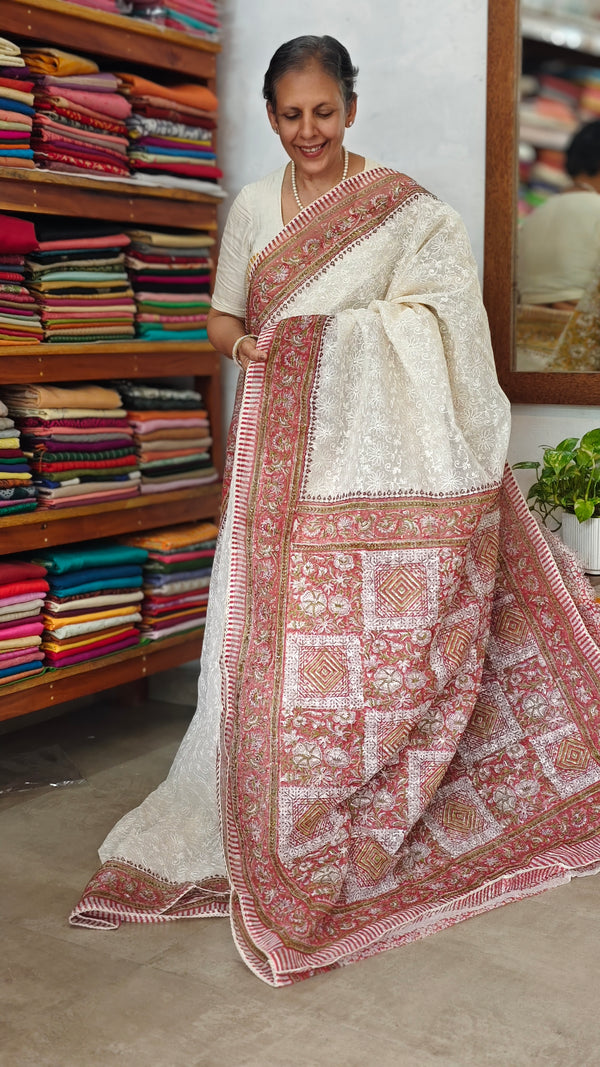 Cream and Red Block Printed Tepchi Kota Saree - B62N