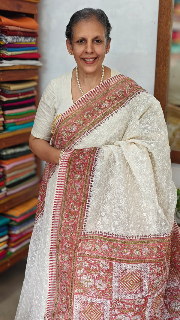Cream and Red Block Printed Tepchi Kota Saree - B62N