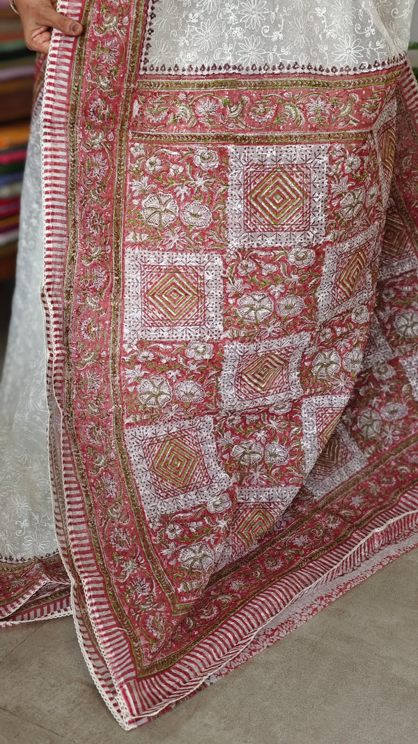 Cream and Red Block Printed Tepchi Kota Saree - B62N