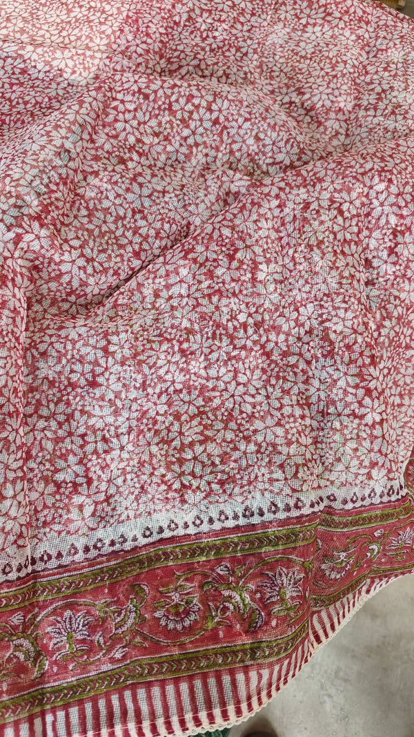 Cream and Red Block Printed Tepchi Kota Saree - B62N