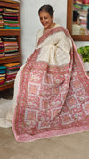 Cream and Pink Block Printed Tepchi Kota Saree - B62N - 2