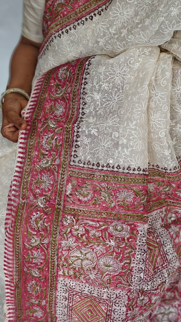 Cream and Pink Block Printed Tepchi Kota Saree - B62N - 2