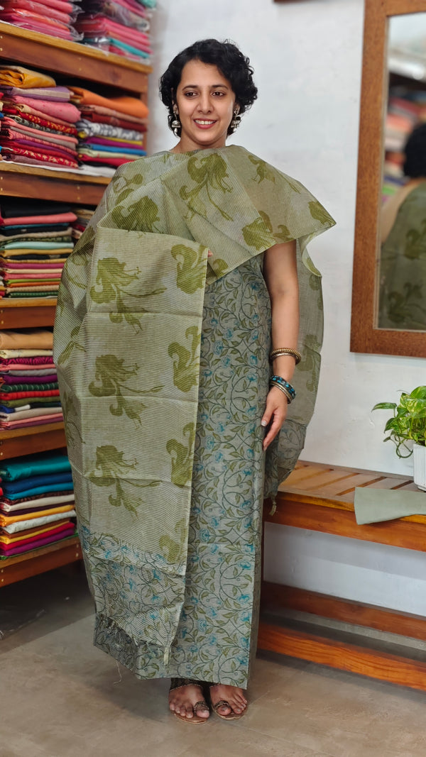 Muted Sage Floral Printed Noel Tussar Suit - AS56