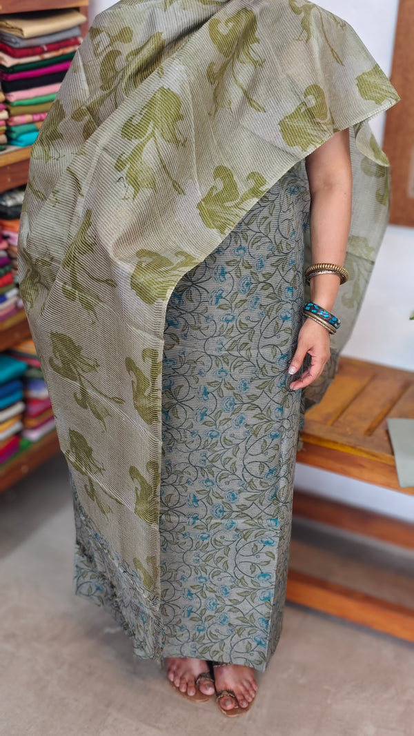 Muted Sage Floral Printed Noel Tussar Suit - AS56
