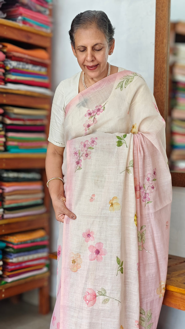 Light Beige and Pink Floral Printed Tissue Linen Saree - 32WE
