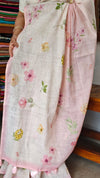 Light Beige and Pink Floral Printed Tissue Linen Saree - 32WE