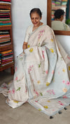 Light Beige and Blue Floral Printed Tissue Linen Saree - 32WE