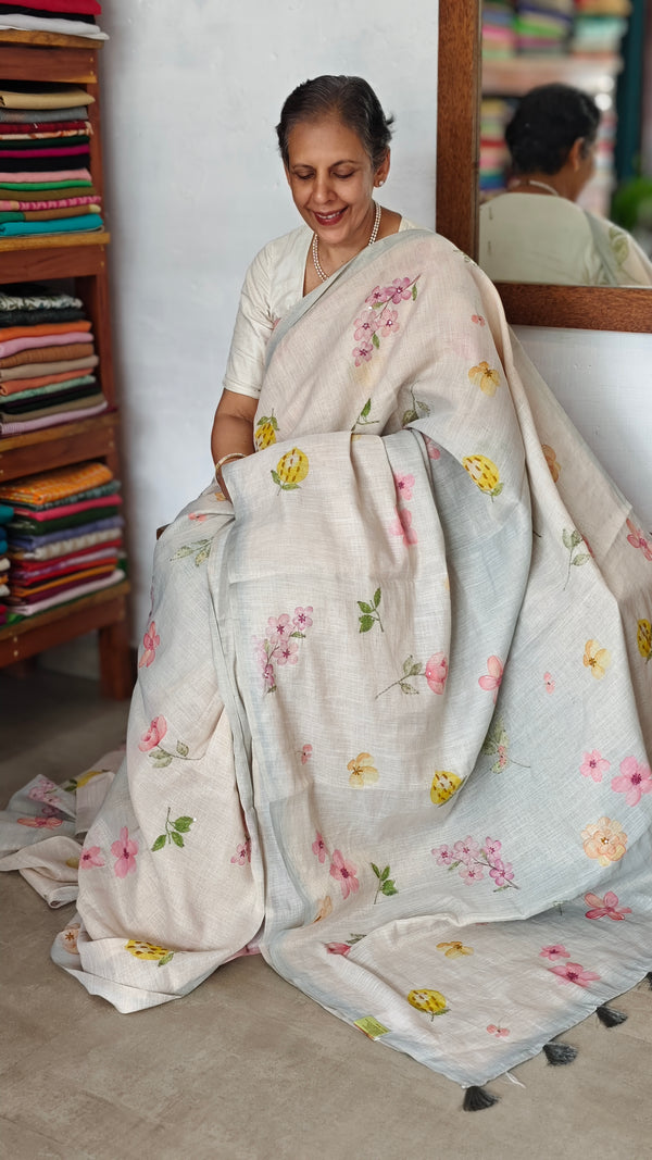 Light Beige and Blue Floral Printed Tissue Linen Saree - 32WE