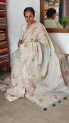Light Beige and Blue Floral Printed Tissue Linen Saree - 32WE