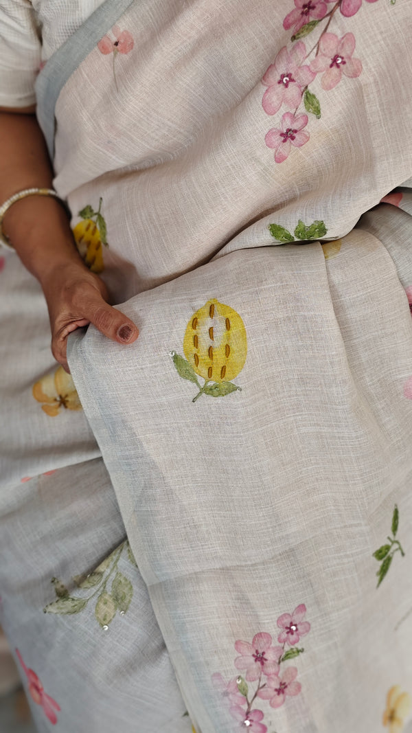 Light Beige and Blue Floral Printed Tissue Linen Saree - 32WE