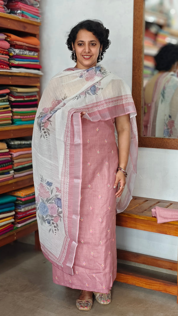 Mauve Embroidered Linen Cotton Embroidered Suit - BVC3