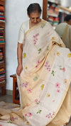 Light Beige and Yellow Floral Printed Tissue Linen Saree - 32WE