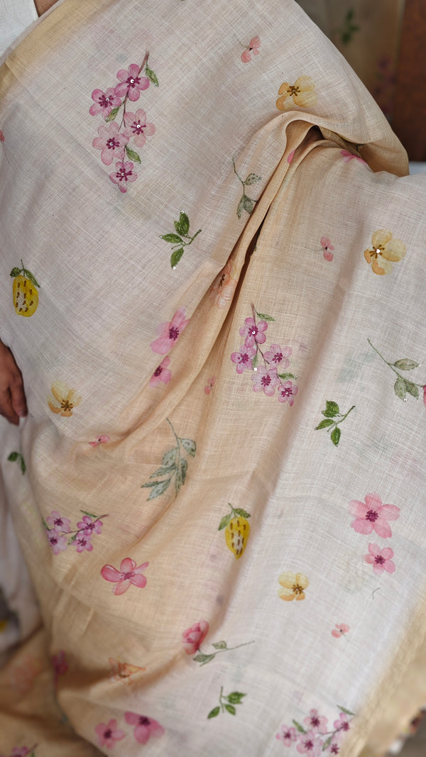 Light Beige and Yellow Floral Printed Tissue Linen Saree - 32WE