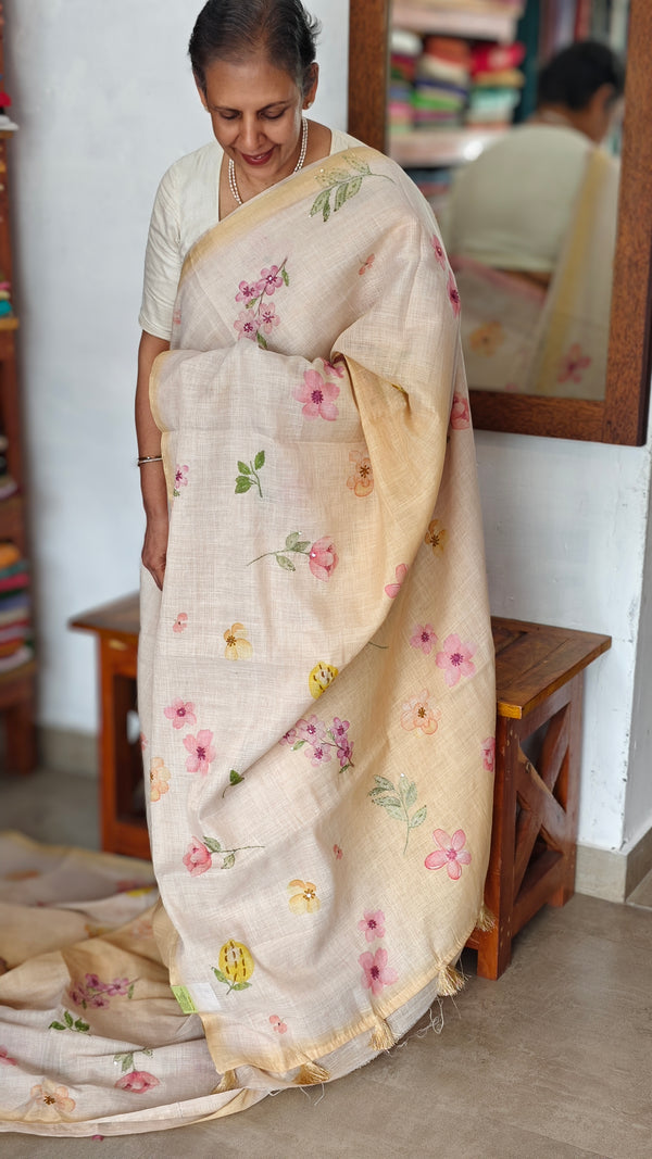 Light Beige and Yellow Floral Printed Tissue Linen Saree - 32WE