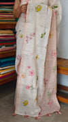 Light Beige and Peach Floral Printed Linen Tissue Saree - 32WE