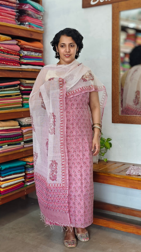 Pink and White Block Printed Kota Doria Suit - GD331