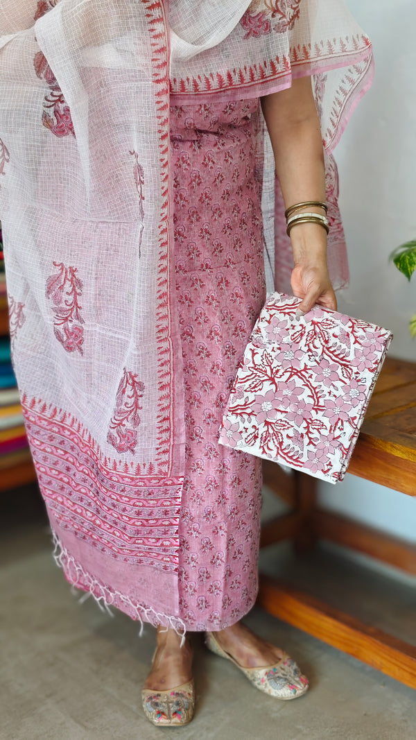 Pink and White Block Printed Kota Doria Suit - GD331