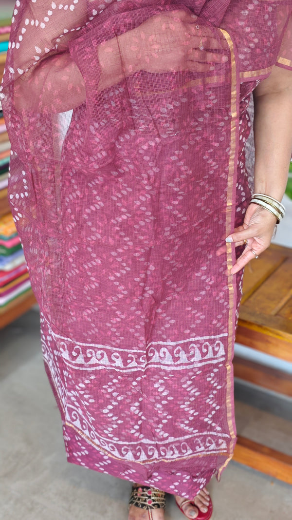 Dark Wine Block Printed Kota Doria Suit - GD331