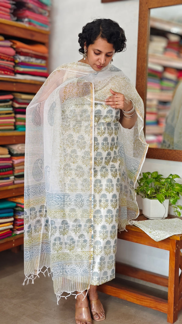 White and Blue Block Printed Kota Doria Suit - GD331