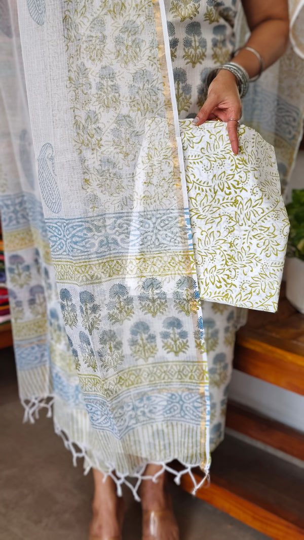 White and Blue Block Printed Kota Doria Suit - GD331