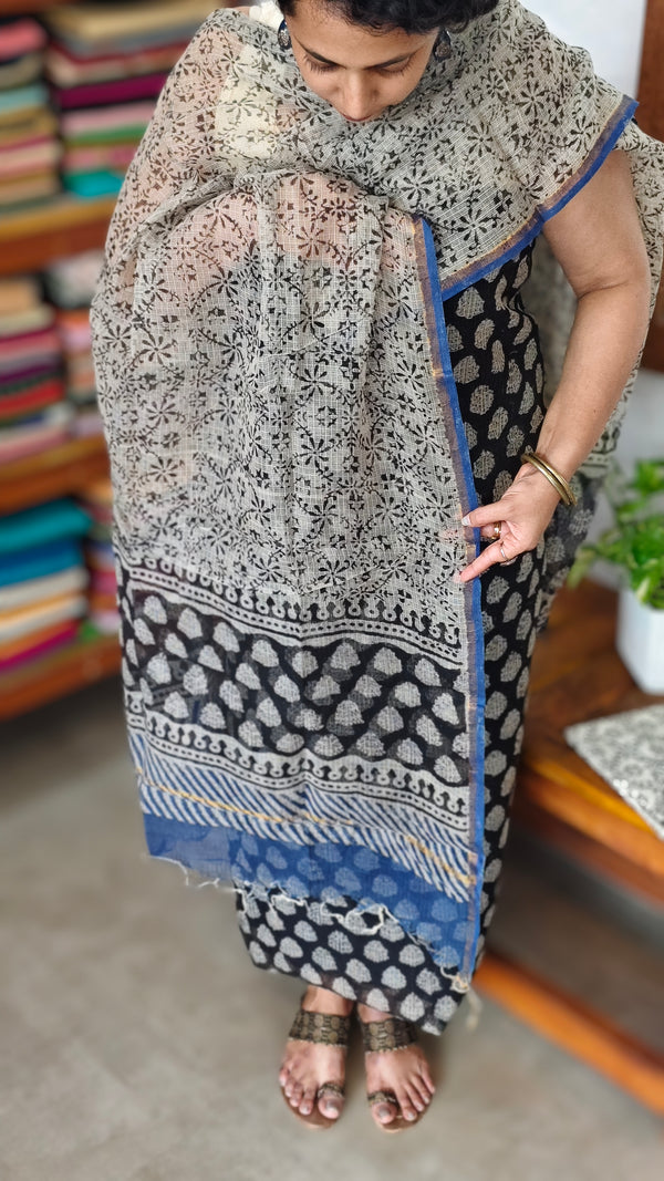 Black Beige and Blue Block Printed Kota Doria Suit - GD331