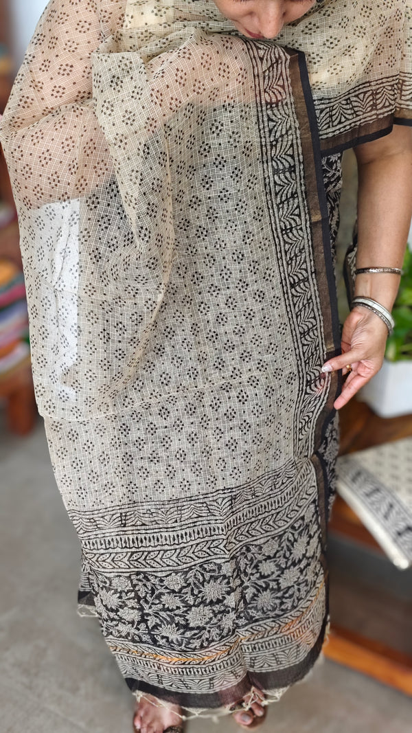 Black and Beige Floral Block Printed Kota Doria Suit - GD331