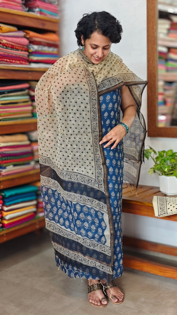 Blue and Beige Block Printed Kota Doria Suit - GD331