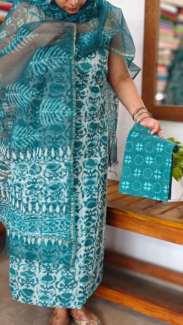 Teal Green Block Printed Kota Doria Suit - GD331