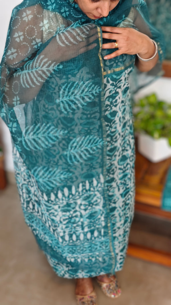 Teal Green Block Printed Kota Doria Suit - GD331