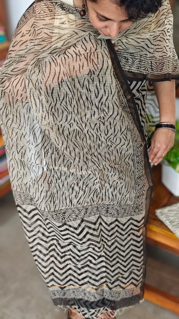 Black and Beige Zig Zag Block Printed Kota Doria Suit - GD331