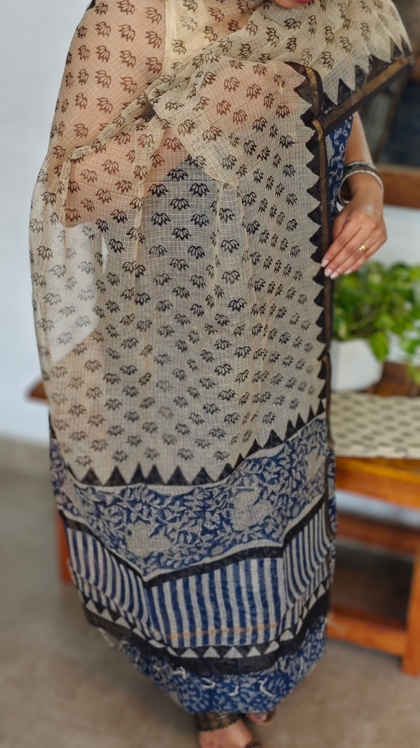Blue Beige and Black Floral Block Printed Suit - GD331