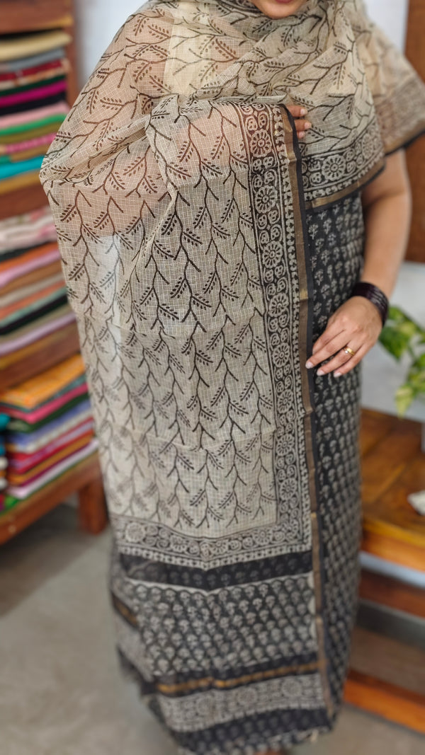 Black and Beige Floral Bagru Print Kota Doria Suit - GD331