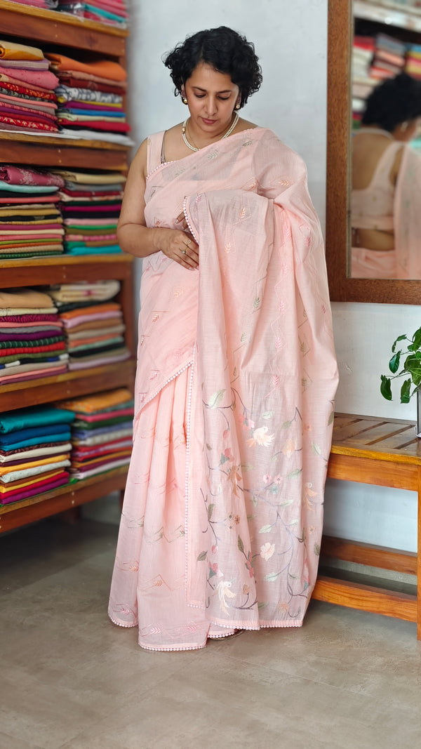Peach Muslin Saree with Parsi Embroidery - 6437
