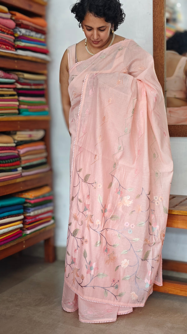 Peach Muslin Saree with Parsi Embroidery - 6437