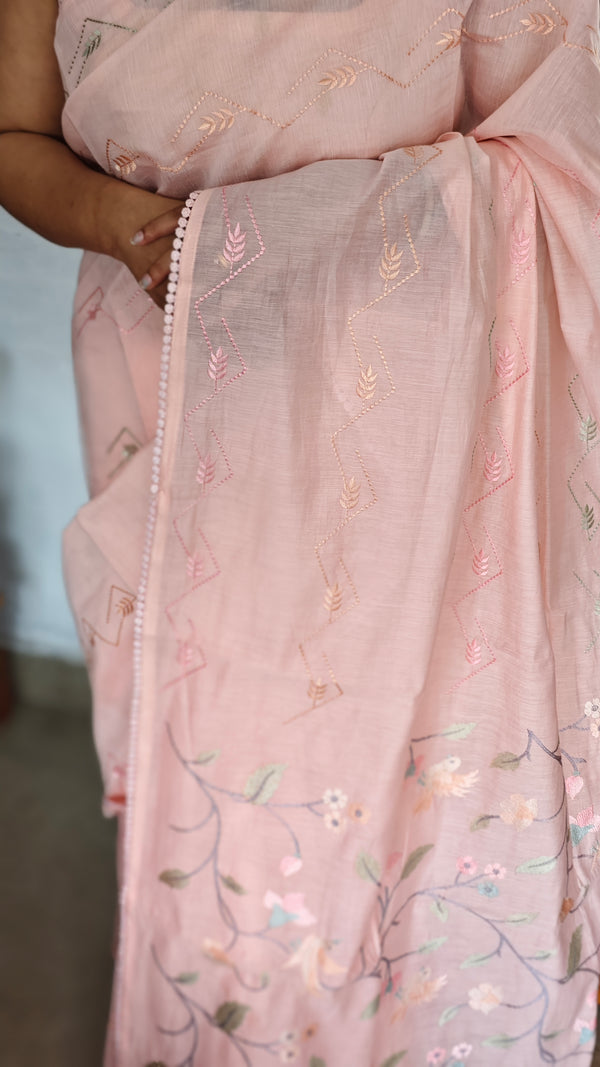 Peach Muslin Saree with Parsi Embroidery - 6437