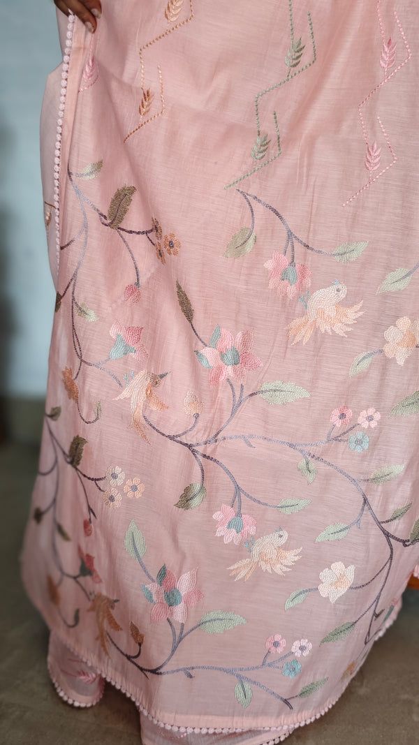 Peach Muslin Saree with Parsi Embroidery - 6437
